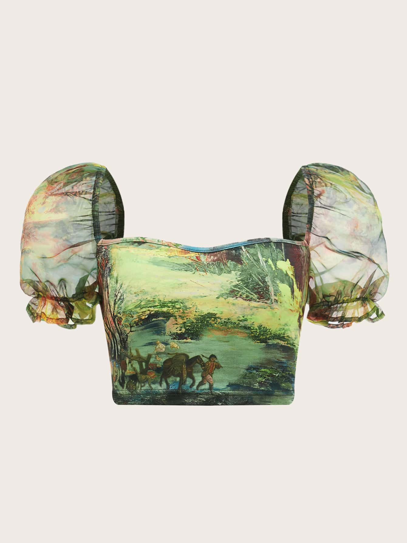 SHEIN Unity 人像圖案方領泡泡袖短款上衣 - 彩色 - 查看 1