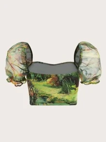 SHEIN Unity 人像圖案方領泡泡袖短款上衣 - 彩色 - 查看 2