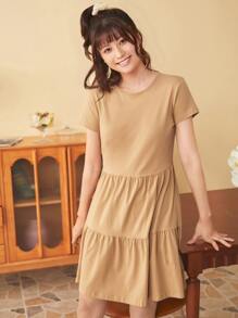 SHEIN LUNE Flounce Hem Solid Dress - Khaki - View 1