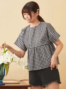 SHEIN EZwear Gingham Ruffle Hem Top - Black and White - View 1