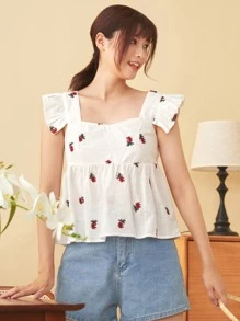 SHEIN EZwear Ruffle Trim Floral Embroidered Peplum Top - Red and White - View 1