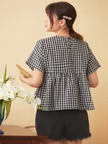 SHEIN EZwear Gingham Ruffle Hem Top - Black and White - View 2