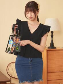 Soleia WYWH  Women Vacation Peplum Butterfly Sleeve Ruffle Hem Black Top - Black - View 1