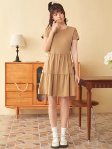 SHEIN LUNE Flounce Hem Solid Dress - Khaki - View 4