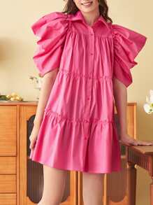 SHEIN MOD Đầm viền lá sen Xù Viên lá sen Nút phía trước màu trơn Dễ thương - Hồng - Xem 3