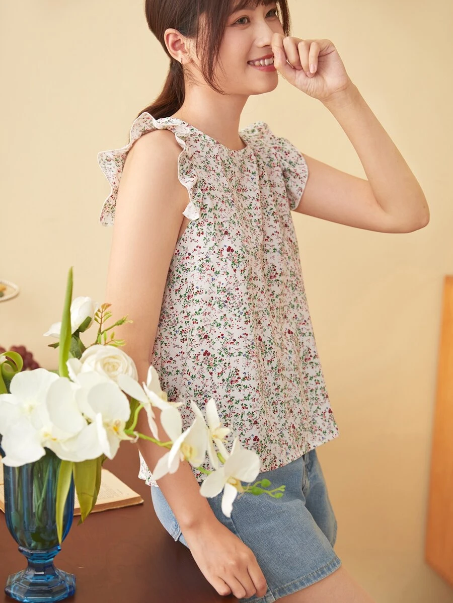 SHEIN Clasi Ditsy Floral Print Ruffle Armhole Top - Multicolor - View 1
