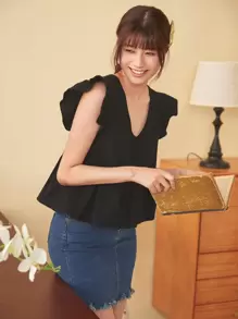 Soleia WYWH  Women Vacation Peplum Butterfly Sleeve Ruffle Hem Black Top - Black - View 4