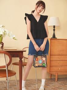 Soleia WYWH  Women Vacation Peplum Butterfly Sleeve Ruffle Hem Black Top - Black - View 5