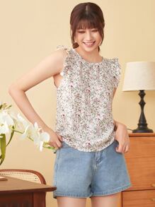 SHEIN Clasi Ditsy Floral Print Ruffle Armhole Top - Multicolor - View 3