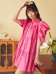 SHEIN MOD Đầm viền lá sen Xù Viên lá sen Nút phía trước màu trơn Dễ thương - Hồng - Xem 5