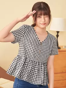 SHEIN Áo sơ mi Nút Sọc ca rô Đen và trắng Dễ thương - Đen và trắng - Xem 1