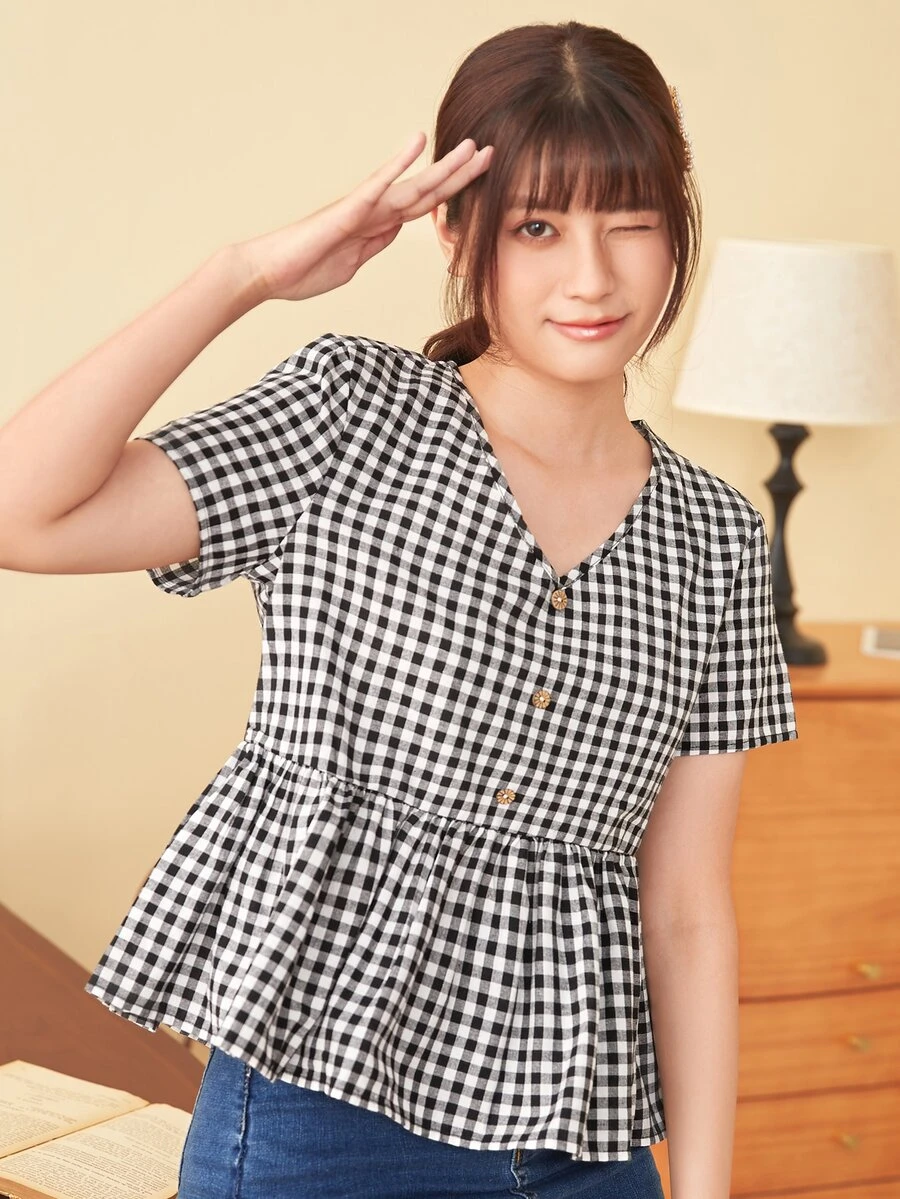 SHEIN Áo sơ mi Nút Sọc ca rô Đen và trắng Dễ thương - Đen và trắng - Xem 1