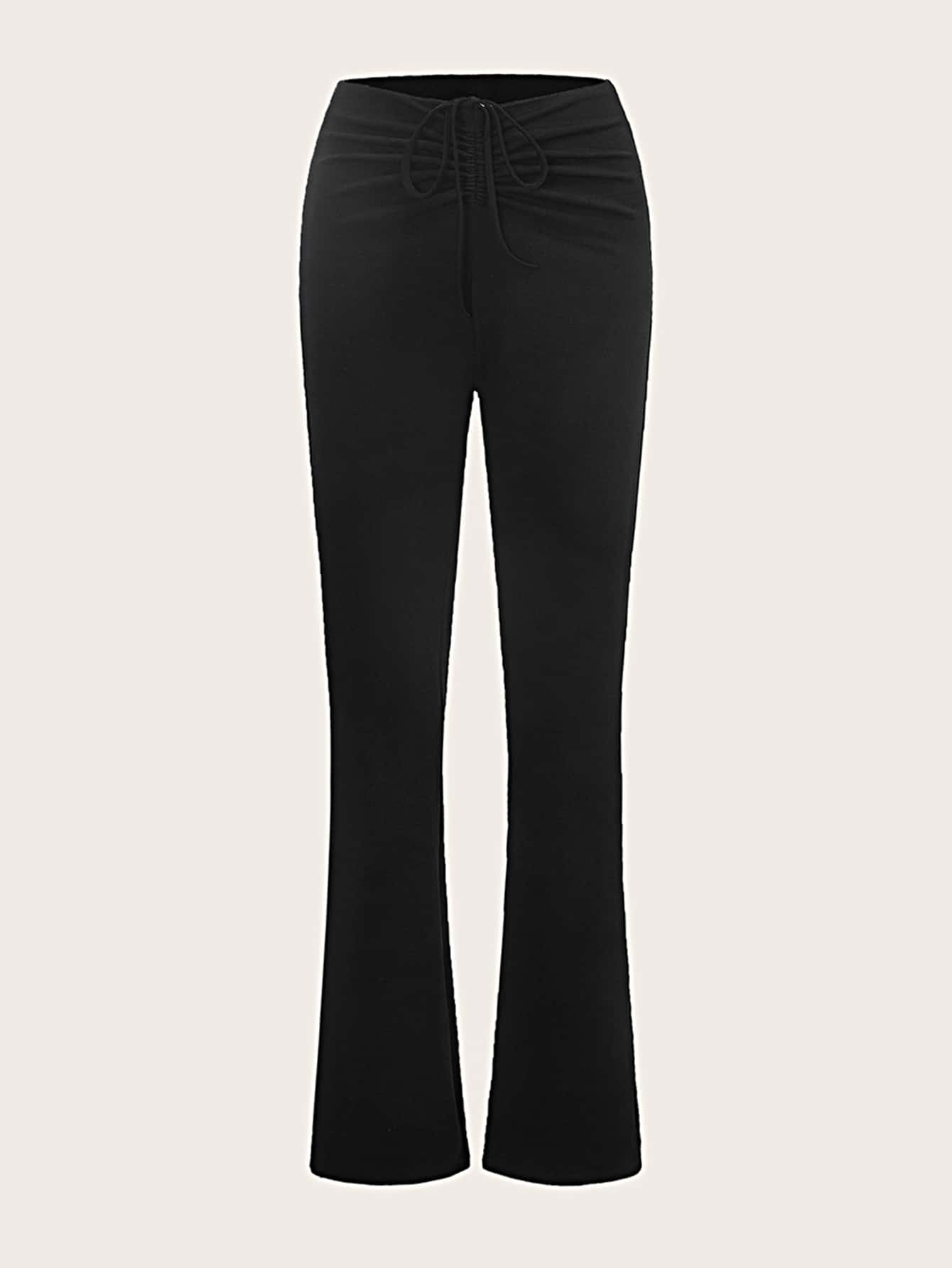 Ruched Tie Back Flare Leg Trousers - Black - View 1