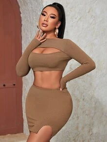 SHEIN Outfit de dos piezas Partición Liso Elegante - Marrón - Ver 3