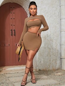 SHEIN Outfit de dos piezas Partición Liso Elegante - Marrón - Ver 4