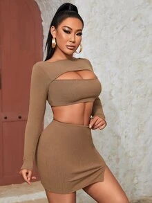 SHEIN Outfit de dos piezas Partición Liso Elegante - Marrón - Ver 5