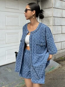 DAZY 翻蓋口袋落肩袖襯衫和短褲 - 藍色 - 查看 1