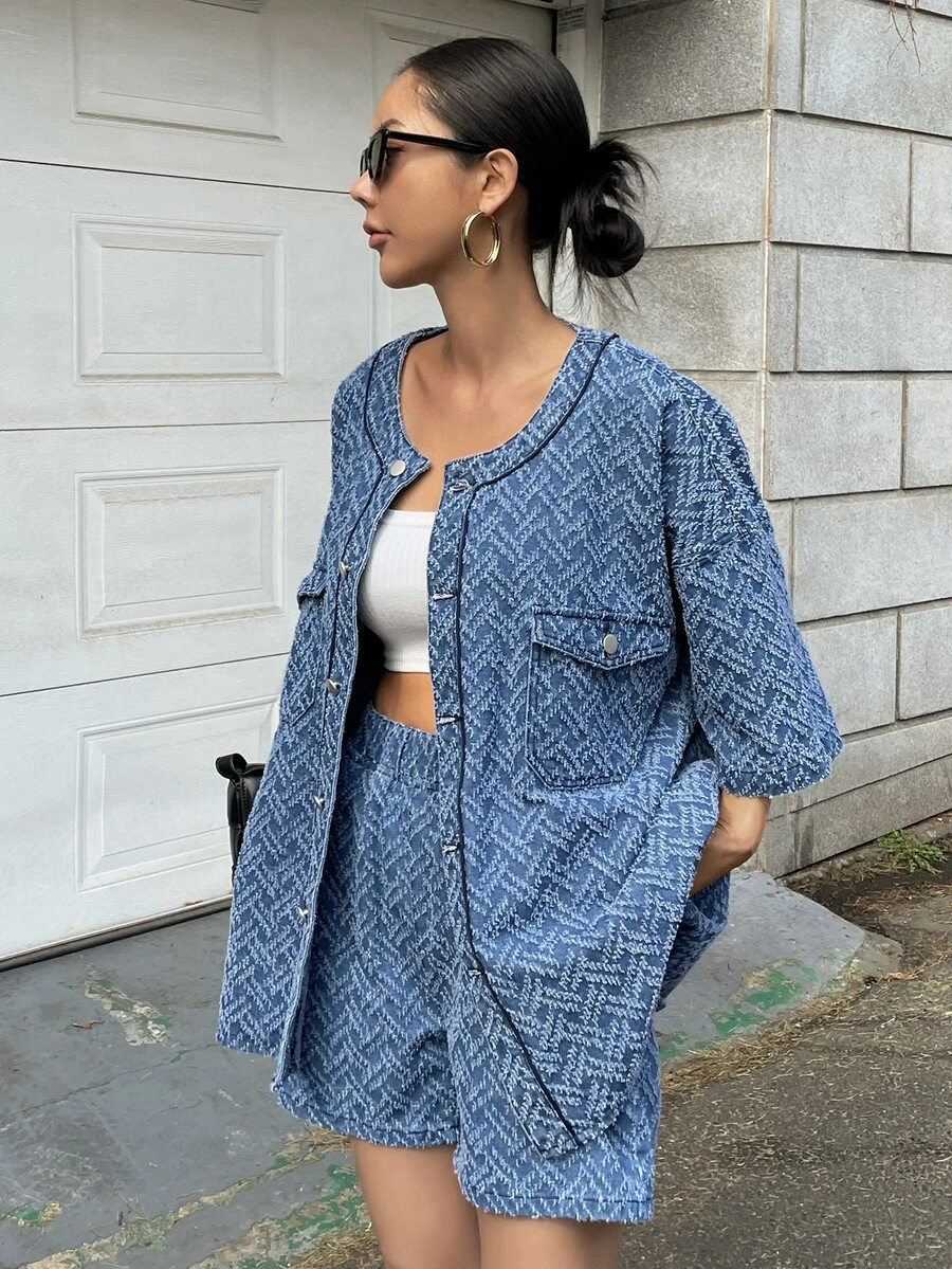 DAZY 翻蓋口袋落肩袖襯衫和短褲 - 藍色 - 查看 1