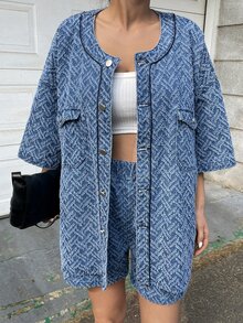 DAZY 翻蓋口袋落肩袖襯衫和短褲 - 藍色 - 查看 3