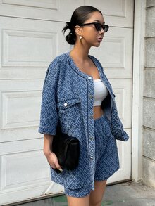 DAZY 翻蓋口袋落肩袖襯衫和短褲 - 藍色 - 查看 5