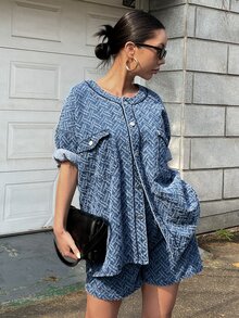 DAZY 翻蓋口袋落肩袖襯衫和短褲 - 藍色 - 查看 7