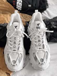 Giày thể thao nam chunky Giày đi bộ thể thao ngoài trời có dây buộc chống trơn trượt chống mài mòn - trắng - Xem 3