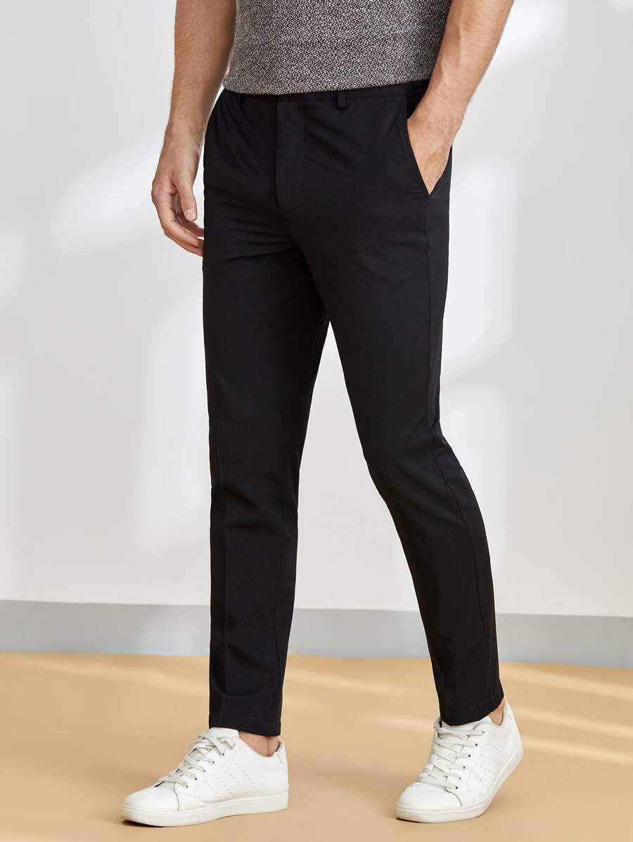 Manfinity VCAY Men Slant Pockets Tapered Pants Long Slacks Nylon Daddy Plain Black Going Out Husband - Black - View 1