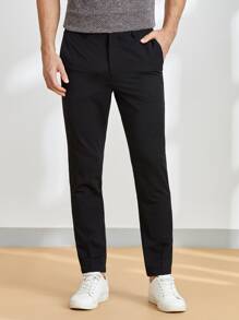 Manfinity VCAY Men Slant Pockets Tapered Pants Long Slacks Nylon Daddy Plain Black Going Out Husband - Black - View 4