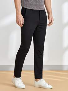 Manfinity VCAY Men Slant Pockets Tapered Pants Long Slacks Nylon Daddy Plain Black Going Out Husband - Black - View 5