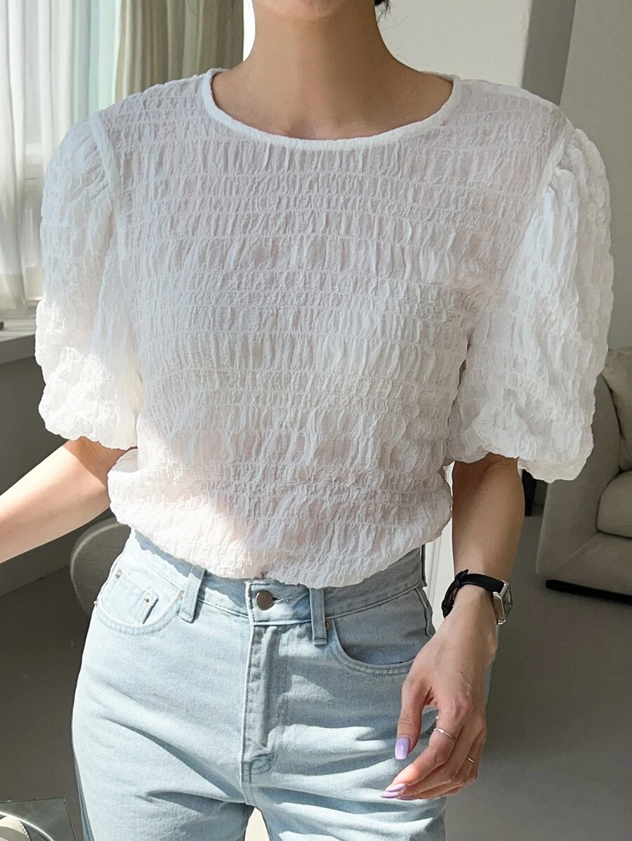 DAZY Textured Puff Sleeve Blouse - White - View 1