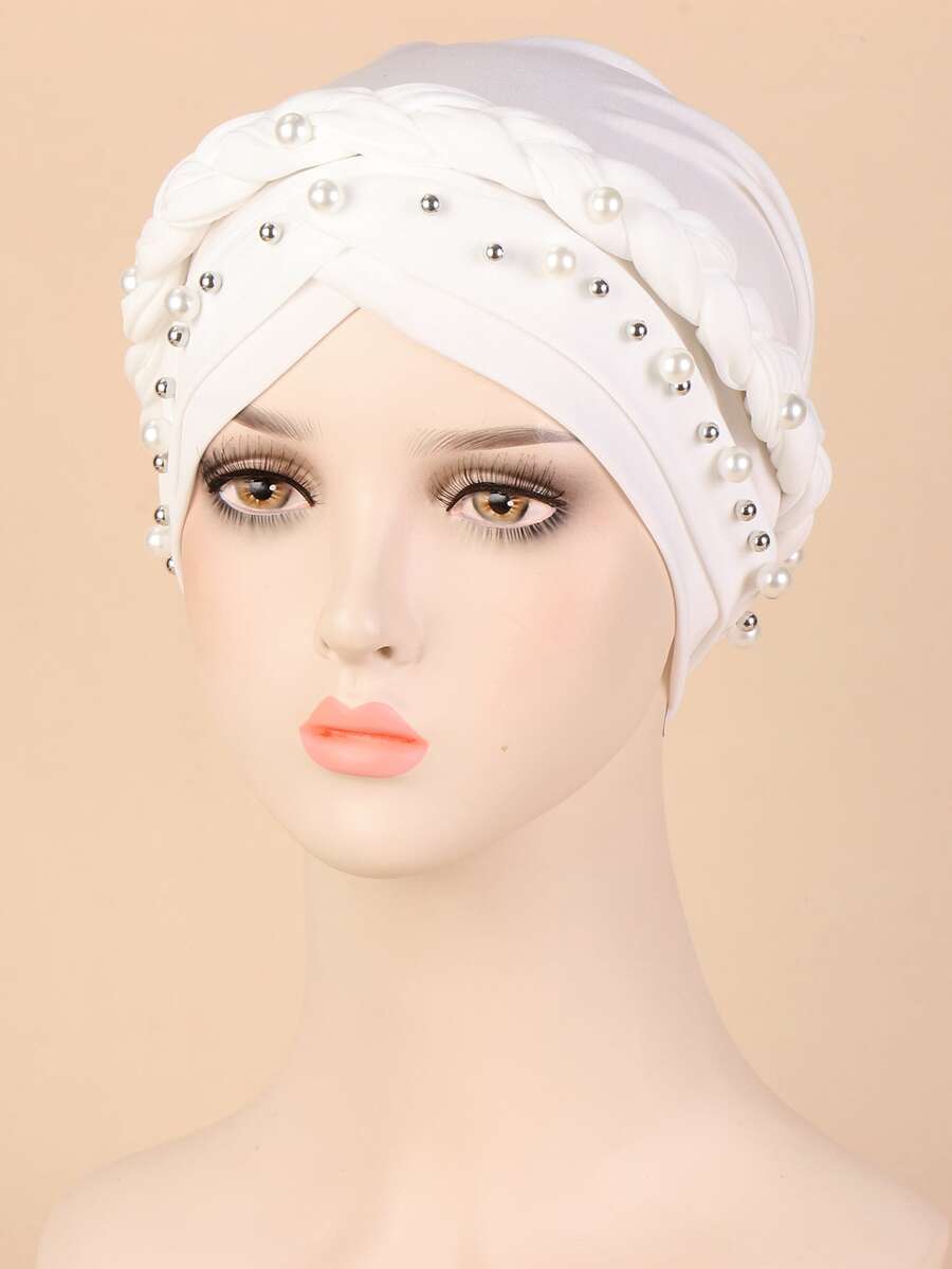 Faux Pearl Decor Braid Detail Head Wrap - White - View 1