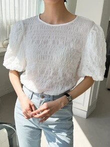 DAZY Textured Puff Sleeve Blouse - White - View 8