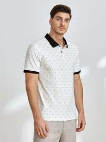 GENTILAND Áo thun có cổ Nam Tương phản ren Nút phía trước Chấm bi Công việc - trắng - Xem 3