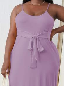 Plus Solid Belted Cami Dress - Lilac Purple - View 3