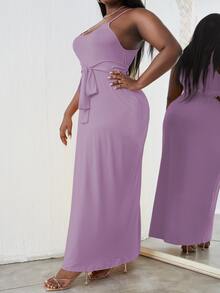 Plus Solid Belted Cami Dress - Lilac Purple - View 4