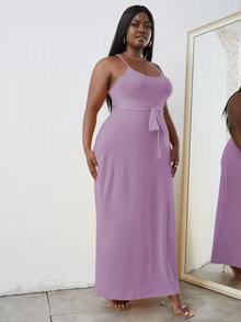 Plus Solid Belted Cami Dress - Lilac Purple - View 5