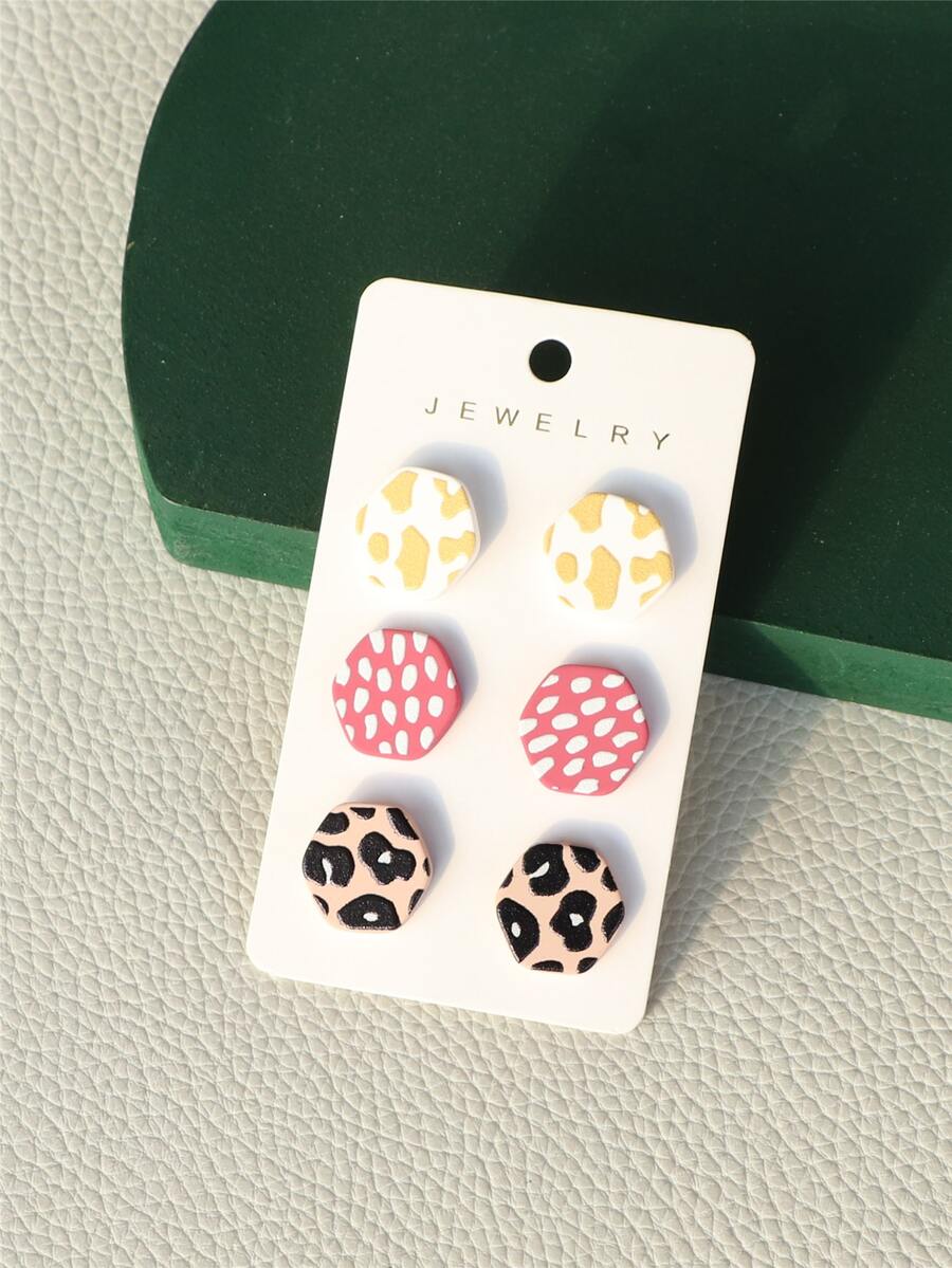 3雙幾何形狀耳釘 - 彩色 - 查看 1