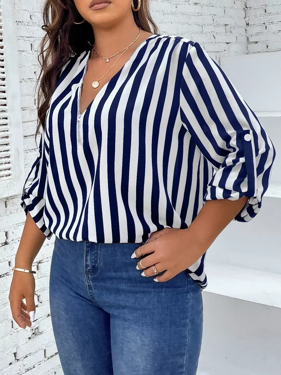 Flirla Plus Striped Print Roll Up Sleeve Quarter Zipper Blouse - Blue and White - View 1