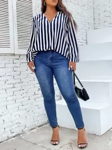 Flirla Plus Striped Print Roll Up Sleeve Quarter Zipper Blouse - Blue and White - View 3