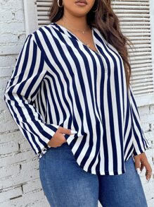 Flirla Plus Striped Print Roll Up Sleeve Quarter Zipper Blouse - Blue and White - View 4