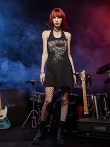 ROMWE Grunge Punk Vestido halter con corazón con diamante de imitación