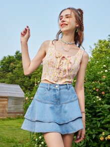 ROMWE Floral Lace Up Crop Tank - Multicolor - View 4