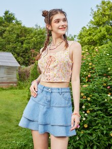 ROMWE Floral Lace Up Crop Tank - Multicolor - View 5