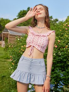 ROMWE 1入組雙色格子褶邊上衣 - 彩色 - 查看 4