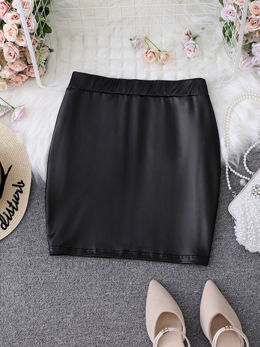 Celure Plus PU Elastic Waist Bodycon Skirt - Black - View 1