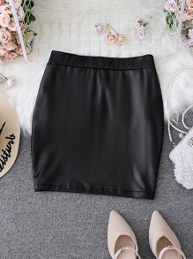 Celure Plus PU Elastic Waist Bodycon Skirt - Black - View 2