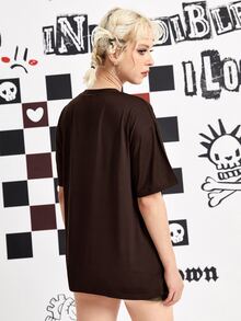 ROMWE Letter Butterfly & Floral Graphic Tee - Brown - View 2