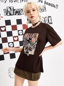 ROMWE Letter Butterfly & Floral Graphic Tee - Brown - View 4