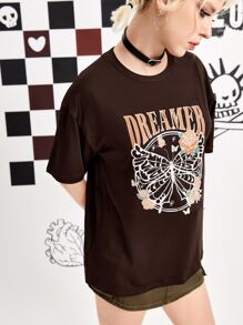 ROMWE Letter Butterfly & Floral Graphic Tee - Brown - View 5