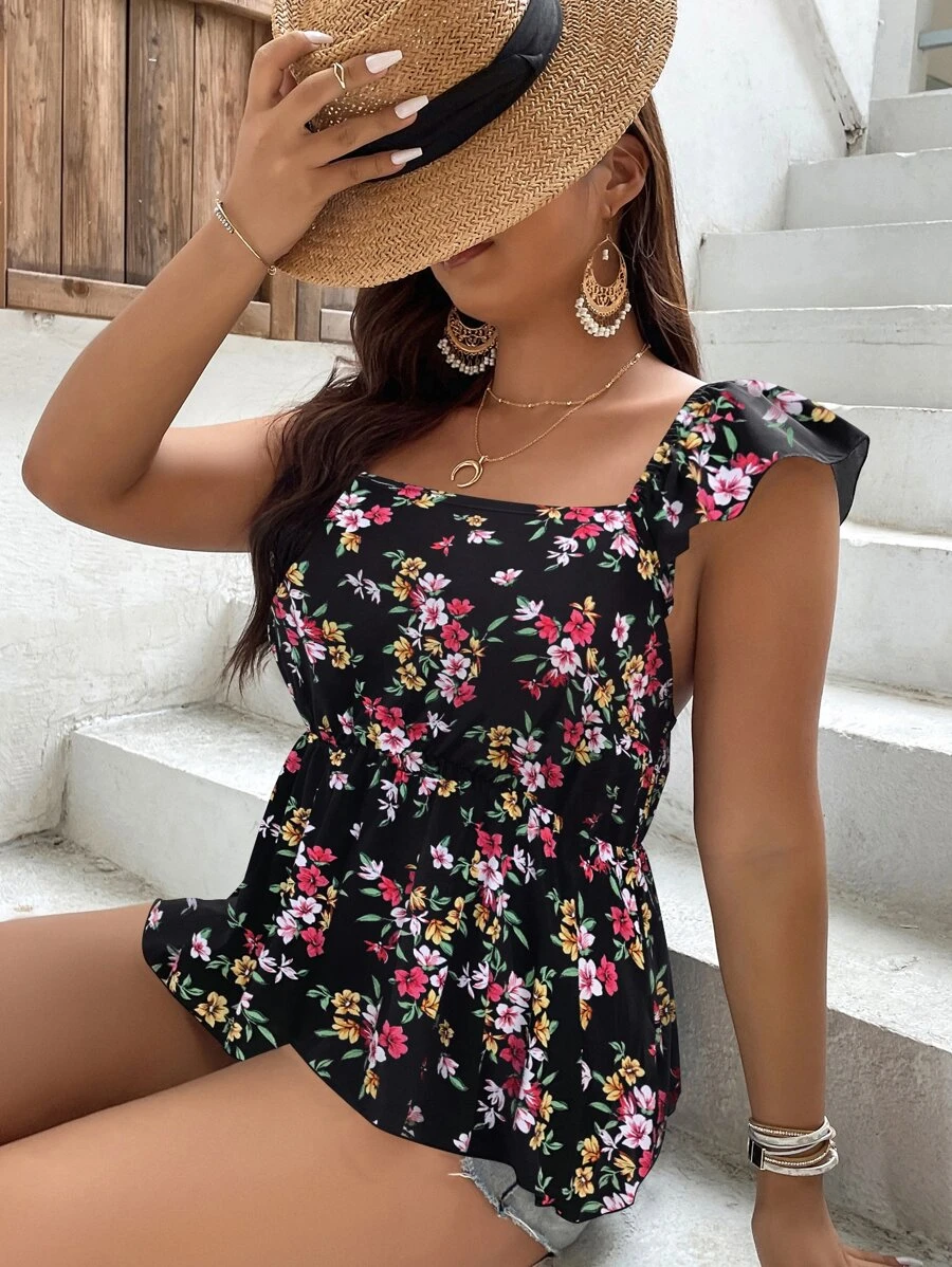 Blusa peplum con estampado floral - Negro - Ver 1